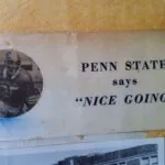 Vintage printed page with circular black and white photo of football player and text reading 'PENN STATE says NICE GOING'