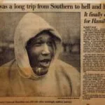 Vintage newspaper clipping with headline about Linwood Hamilton's journey, featuring a black and white photograph of a man's face