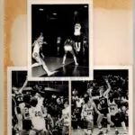 Three black and white vintage basketball photographs showing players shooting and playing during games, arranged on tan textured paper