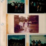 Page of vintage photographs mounted in album showing groups of people in sports uniforms outdoors and individual portrait