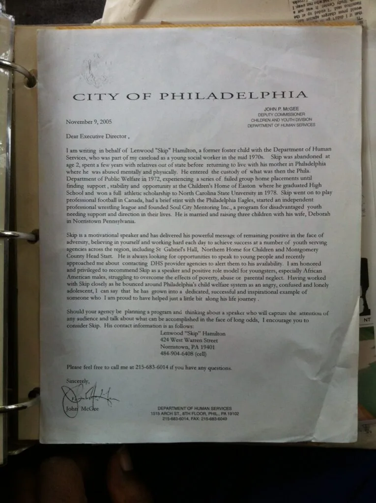 City of Philadelphia official letter dated November 9, 2005, addressed to Executive Director regarding Lenwood Hamilton, signed by John Macke from Department of Human Services.