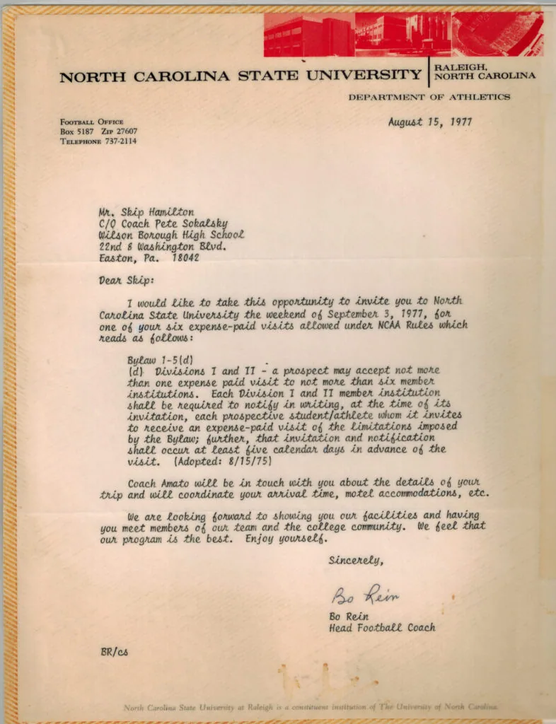 1977 letter from North Carolina State University Department of Athletics inviting Skip Hamilton to campus visit for football recruiting.