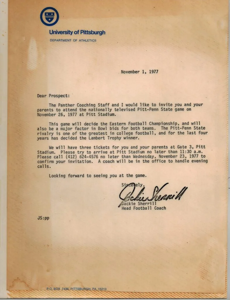 University of Pittsburgh Department of Athletics letter dated November 1, 1977, inviting a prospect and parents to a Pitt-Penn State football game on November 26, 1977, signed by Head Football Coach Jackie Sherrill.