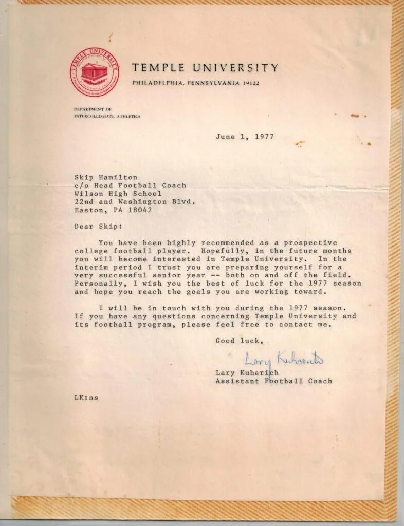 1977 letter from Temple University Assistant Football Coach Lary Kuharich to Skip Hamilton at Wilson High School recommending him as a prospective college football player