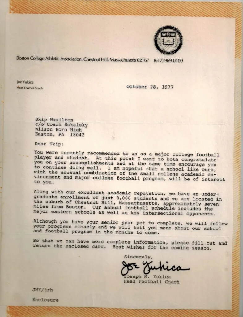 Typed letter from Boston College Athletic Association dated October 28, 1977, addressed to Skip Hamilton regarding college football recruitment.