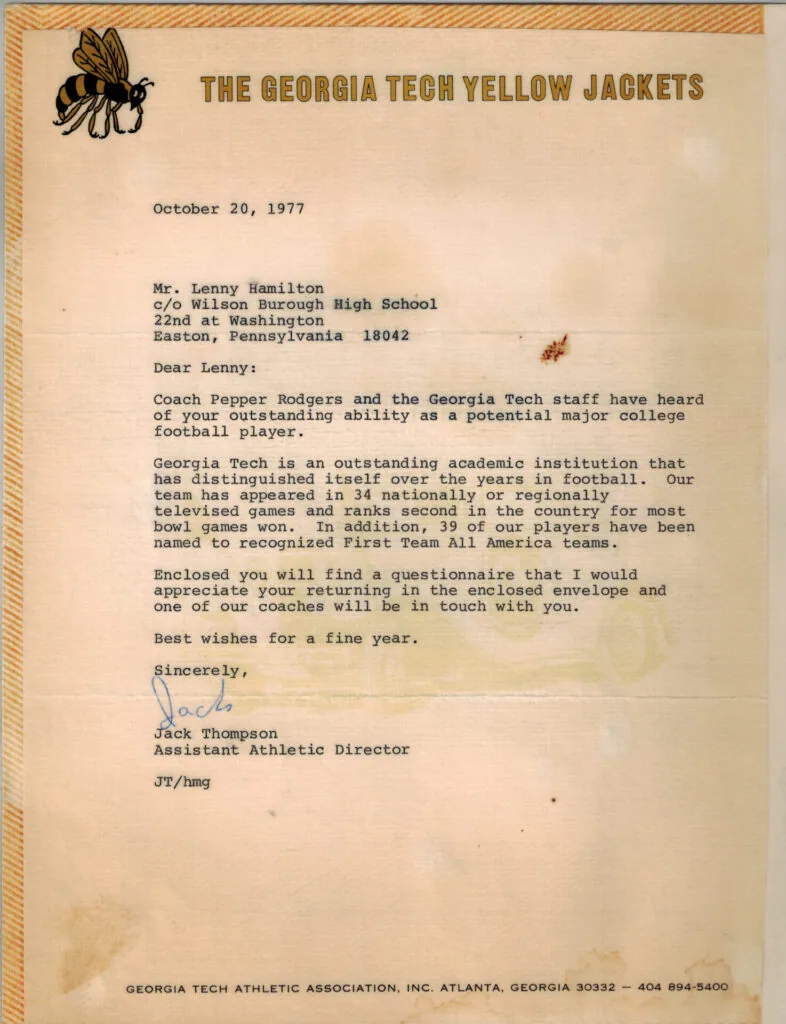 1977 letter from Georgia Tech Athletic Director to high school football player Lenny Hamilton at Wilson Borough High School in Pennsylvania